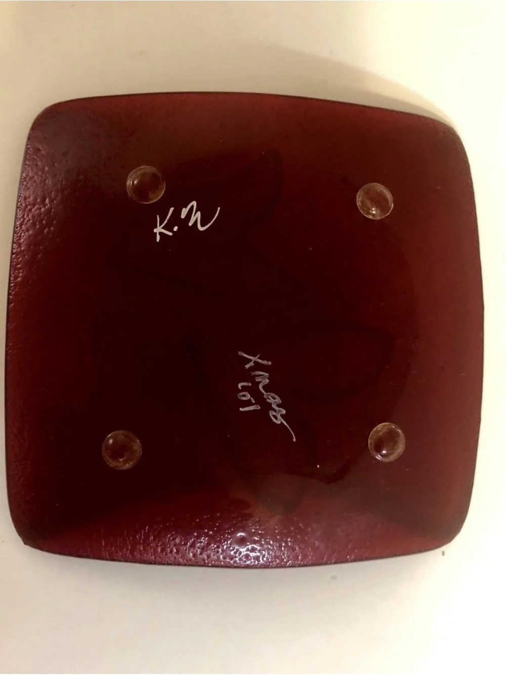 Red Fused Glass Trinket Dish with White Heart Accents